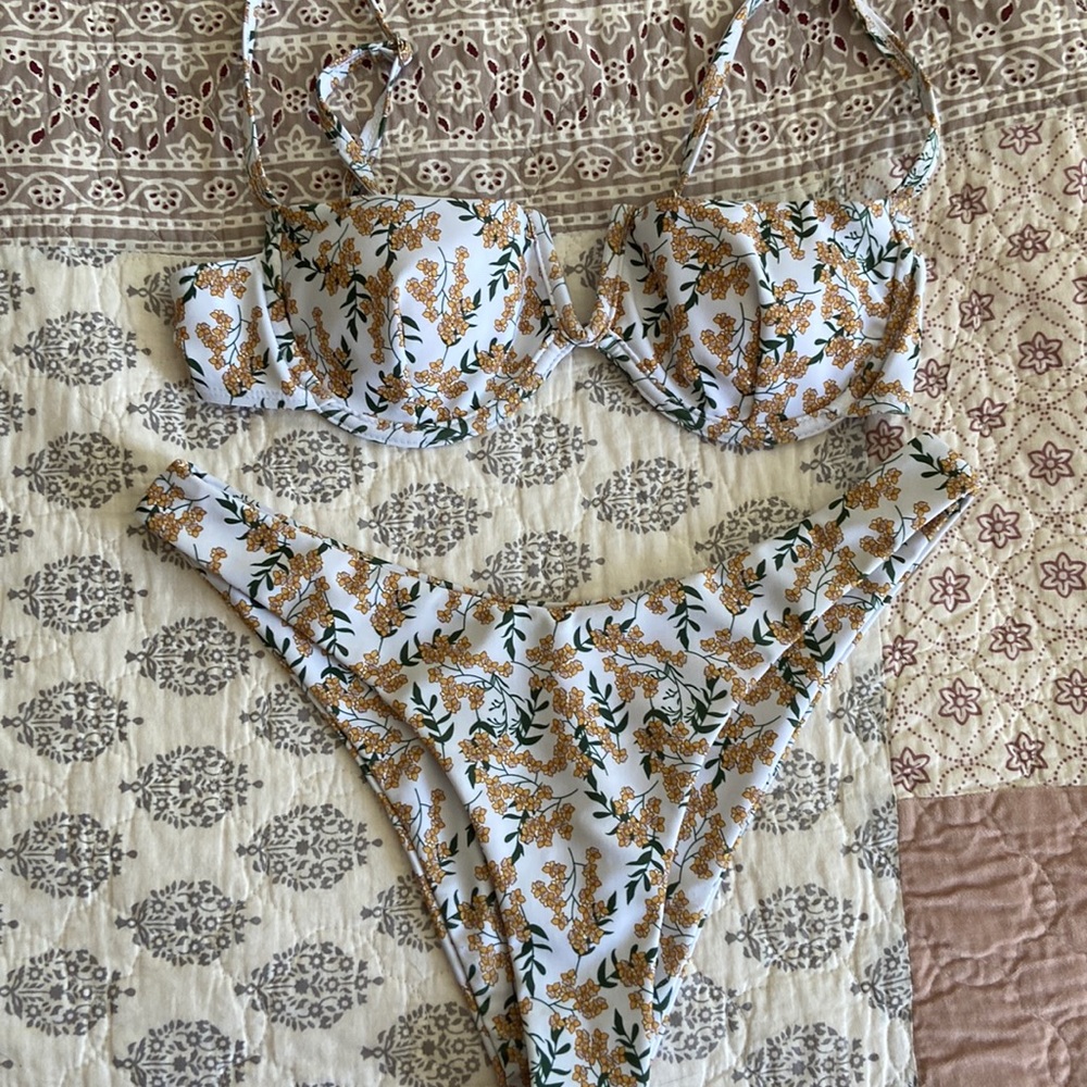 White and green floral high waisted bikini set